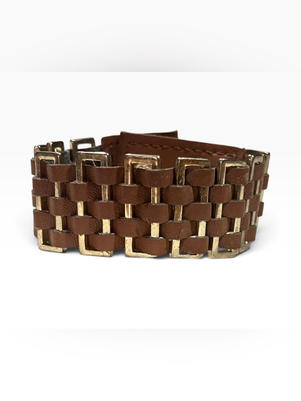 Vtg Brown Leather Cuff Bracelet Gold Tone Metal Links 90’s Boho Western Grunge